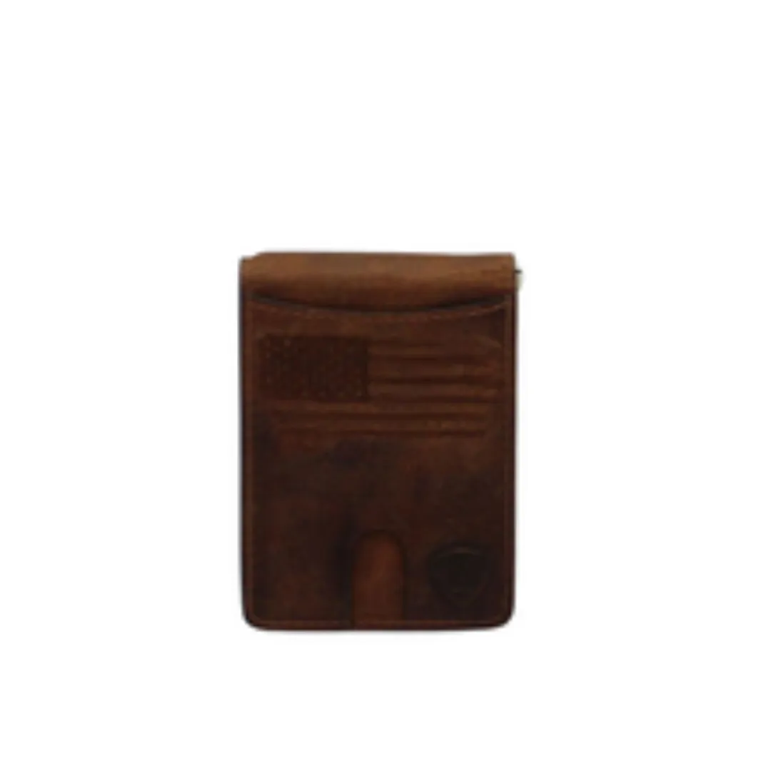 Ariat Bifold Money Clip USA Flag Shield Logo Brown A3546002
