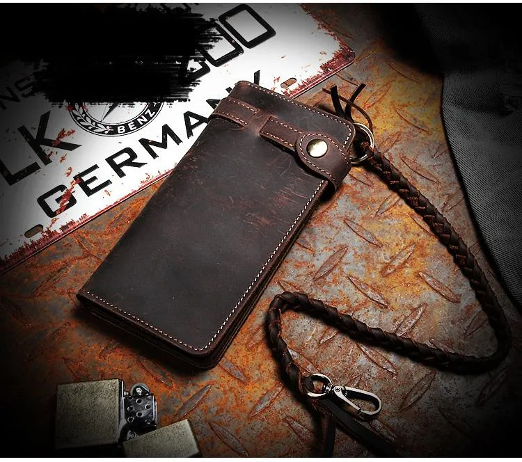 Coffee Leather Mens Bifold Long Biker Wallets Biker Chain Wallet Long Trucker Wallet for Men