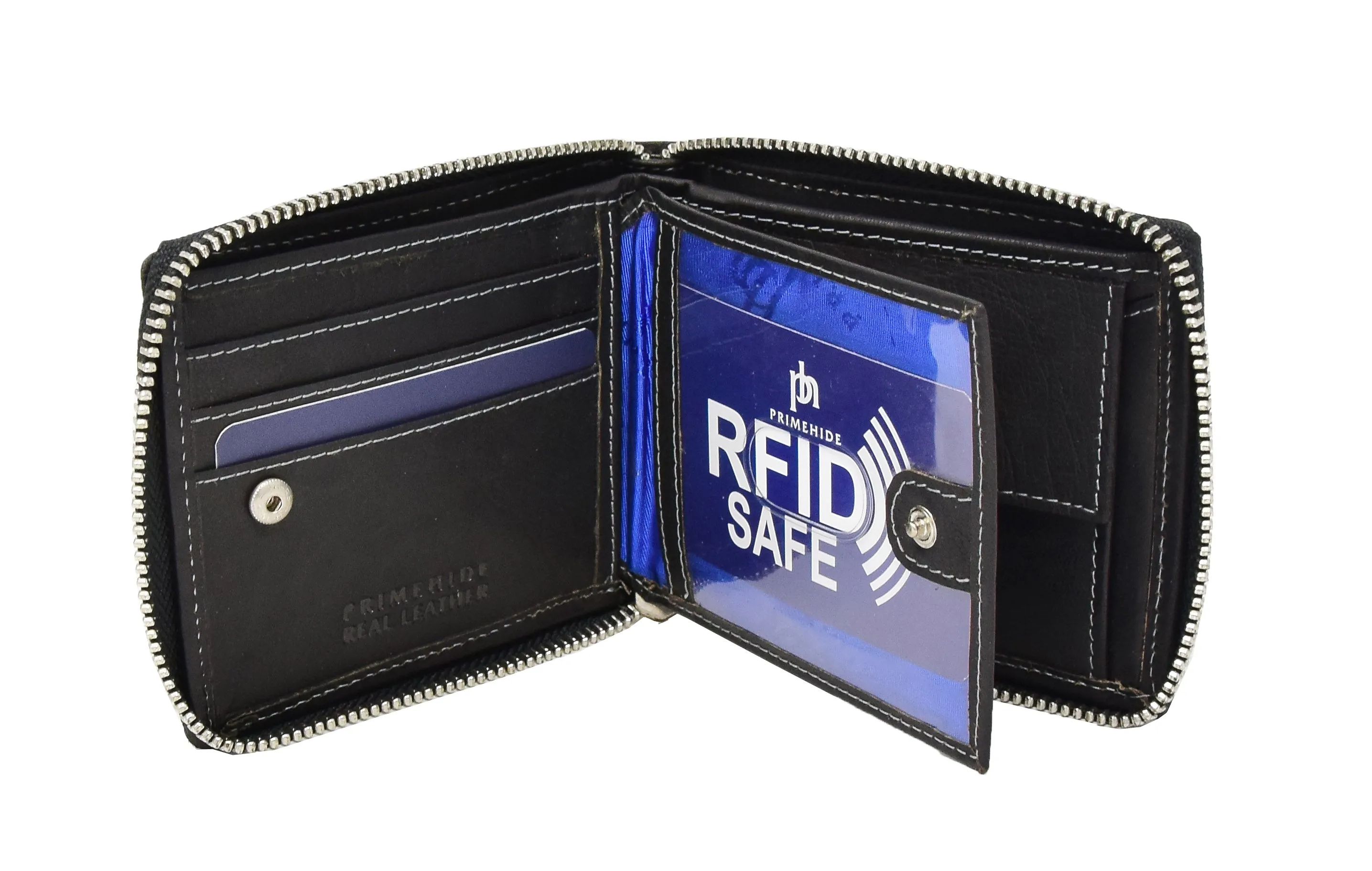 DR411 Men's Rfid Zip Around Real Leather Cards Coins Wallet Black