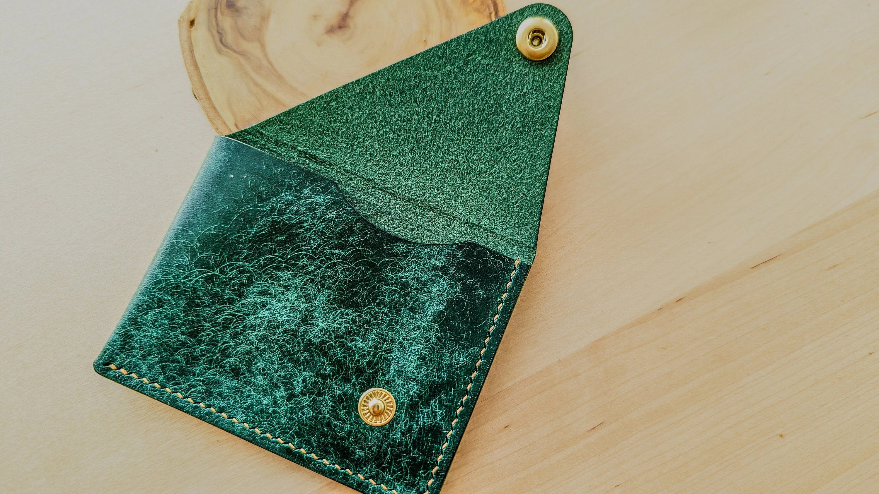 Emerald Green Italian Leather Asymmetrical Minimalist Snap Wallet