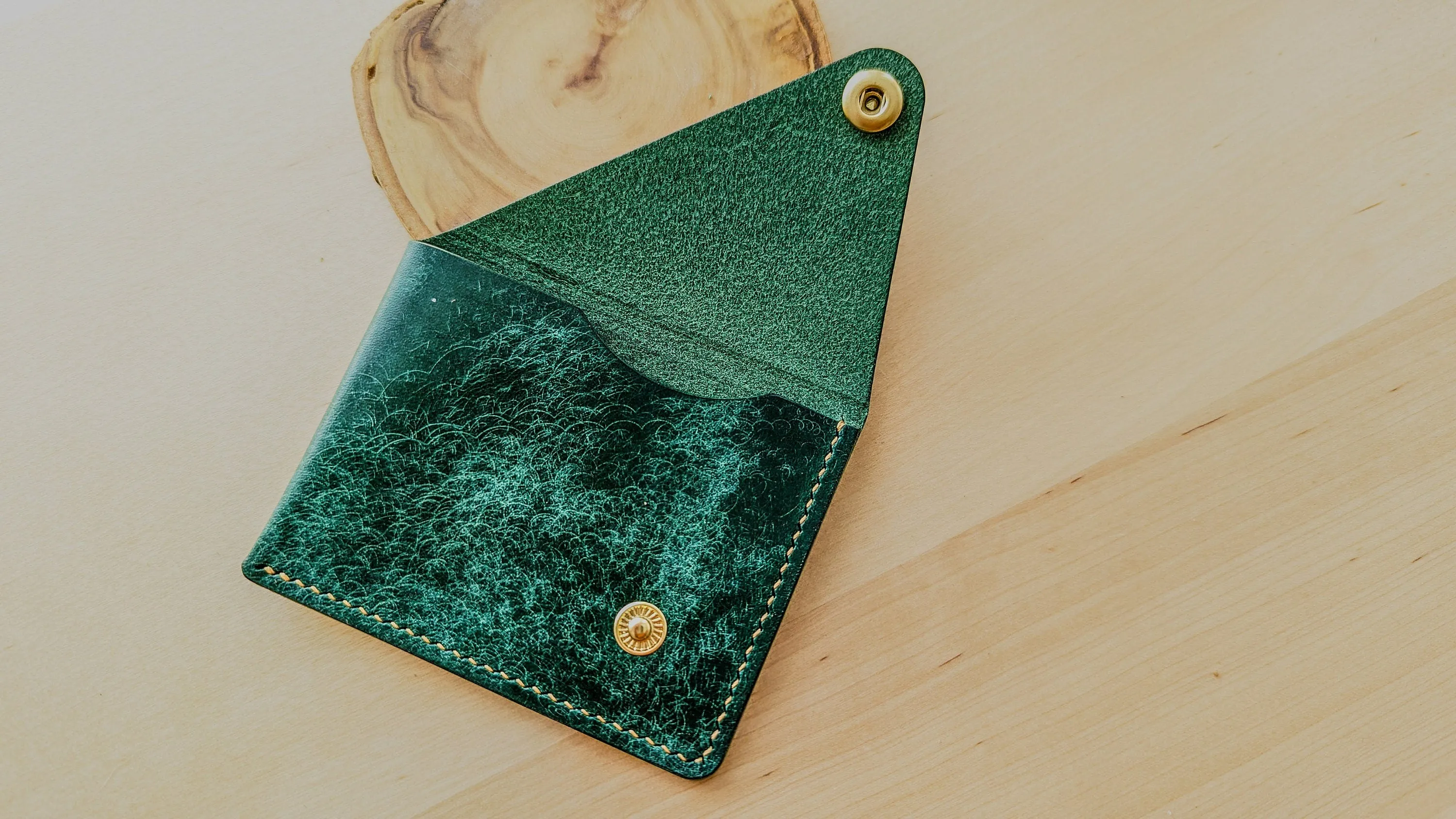 Emerald Green Italian Leather Asymmetrical Minimalist Snap Wallet