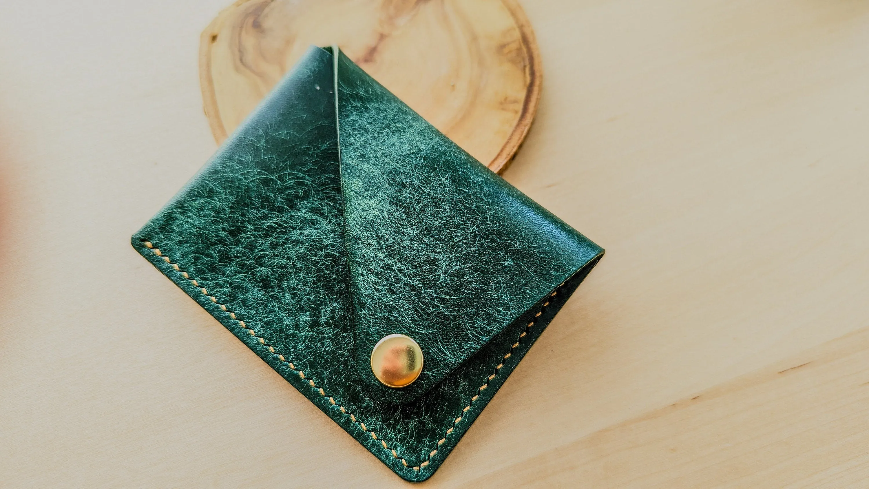 Emerald Green Italian Leather Asymmetrical Minimalist Snap Wallet