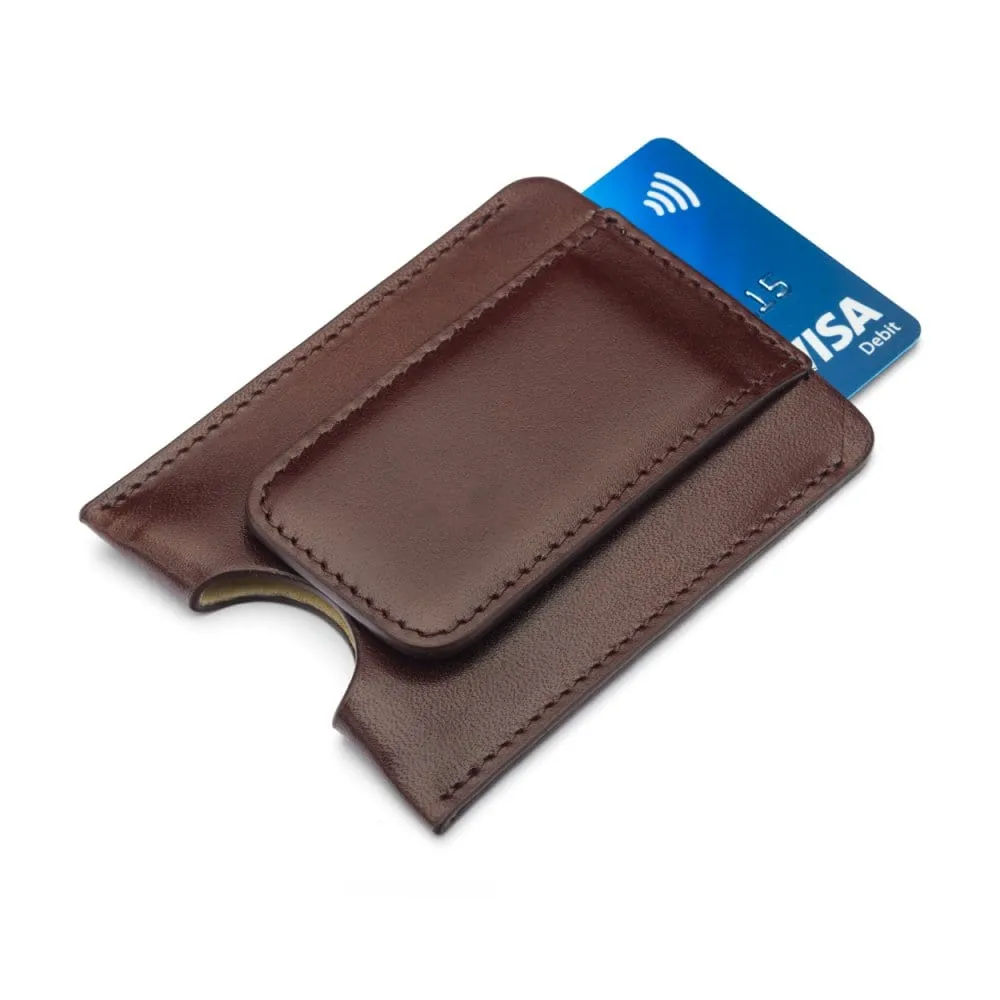 Flat Magnetic Leather Money Clip, 1 CC - Brown