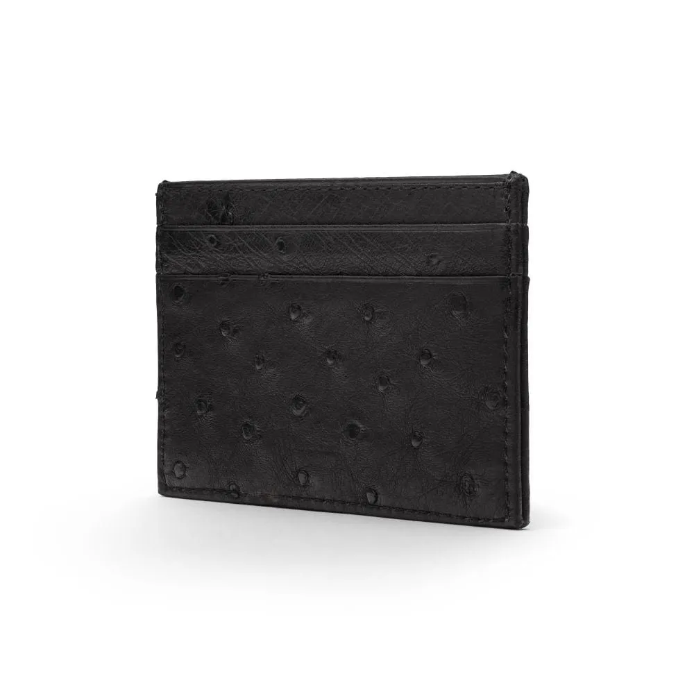 Flat Ostrich Leather Credit Card Case 4 CC - Black