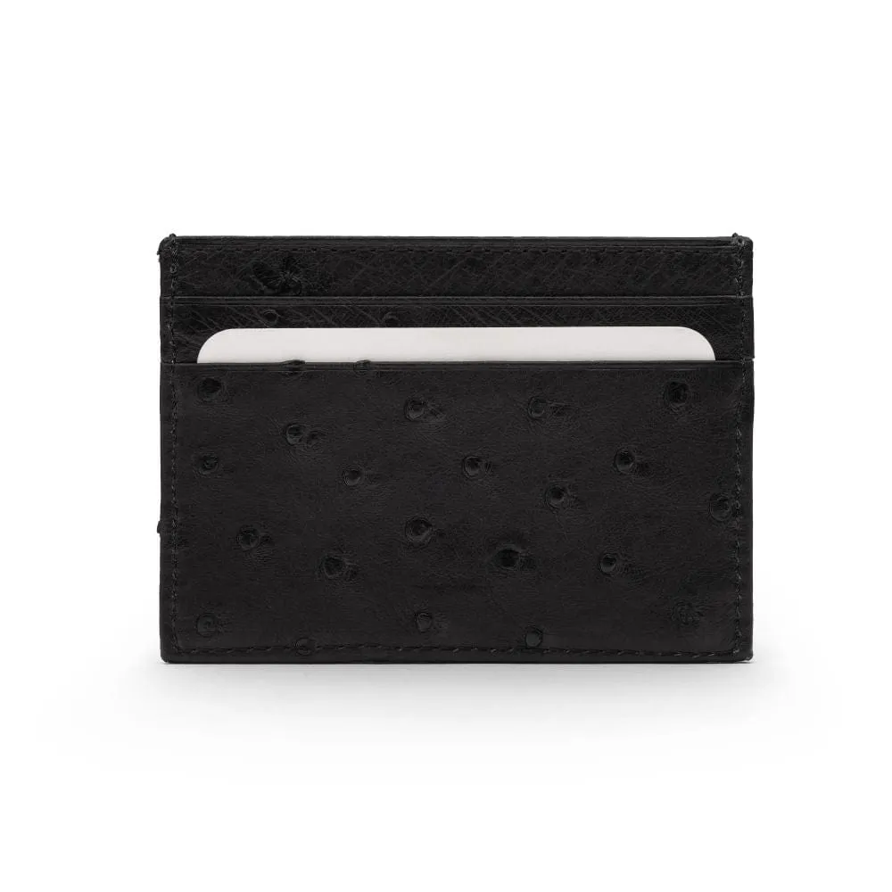 Flat Ostrich Leather Credit Card Case 4 CC - Black