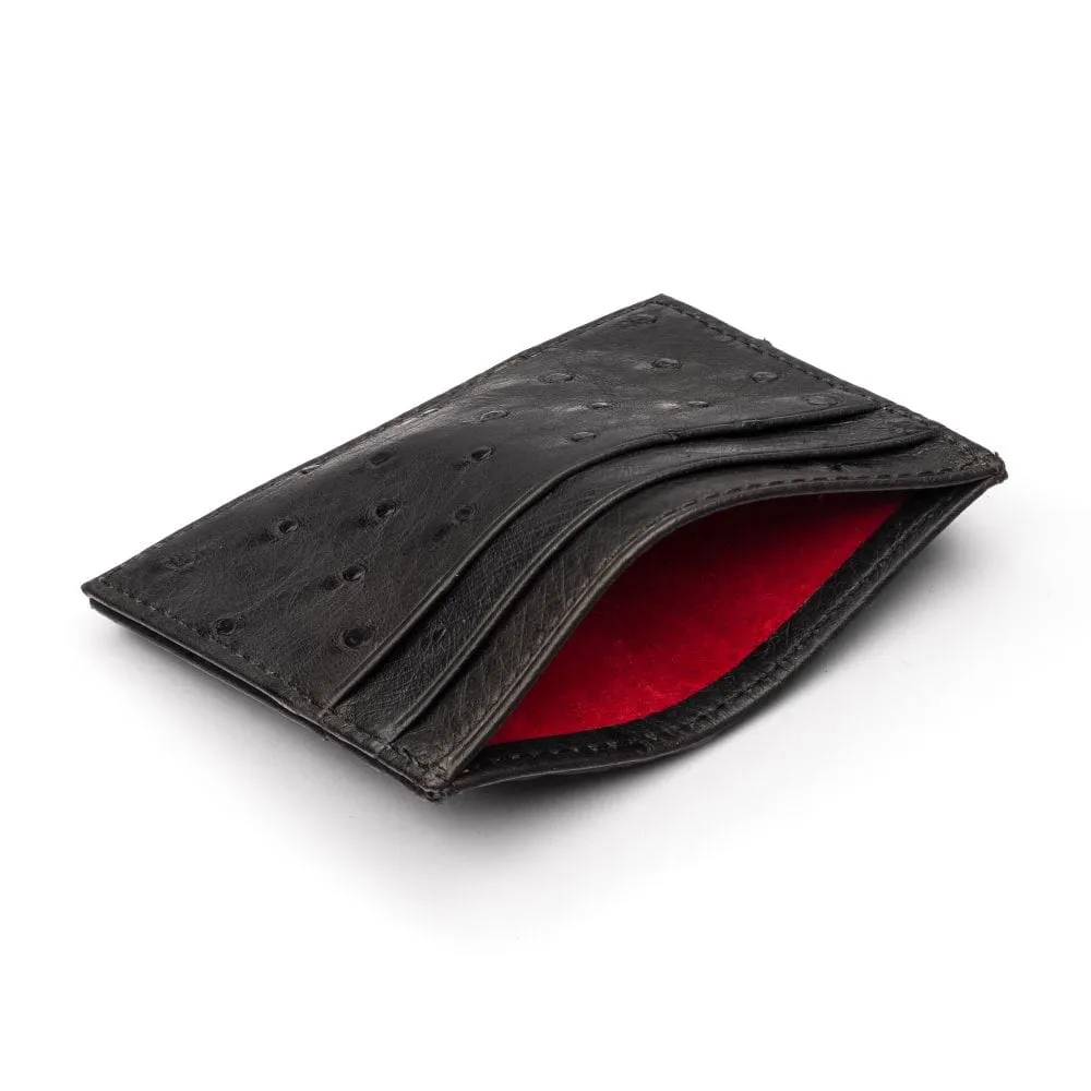 Flat Ostrich Leather Credit Card Case 4 CC - Black