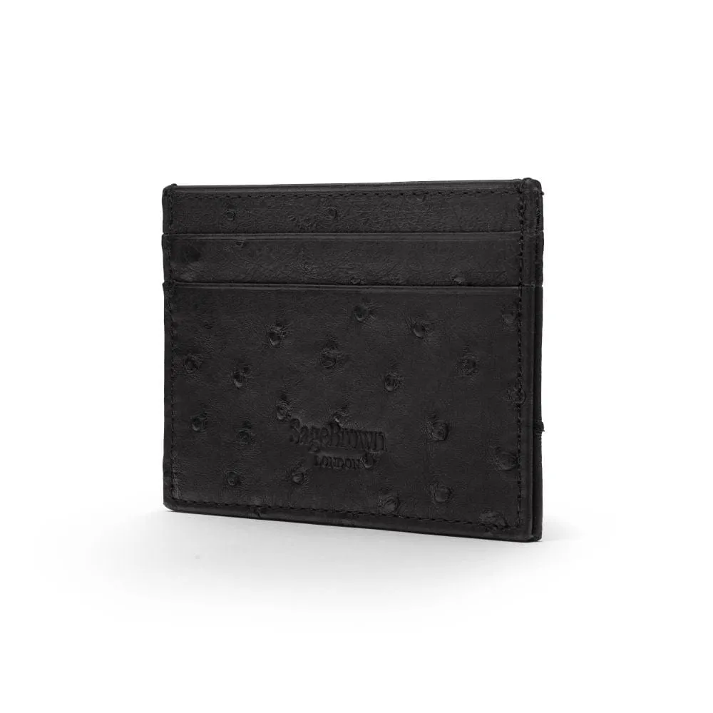 Flat Ostrich Leather Credit Card Case 4 CC - Black