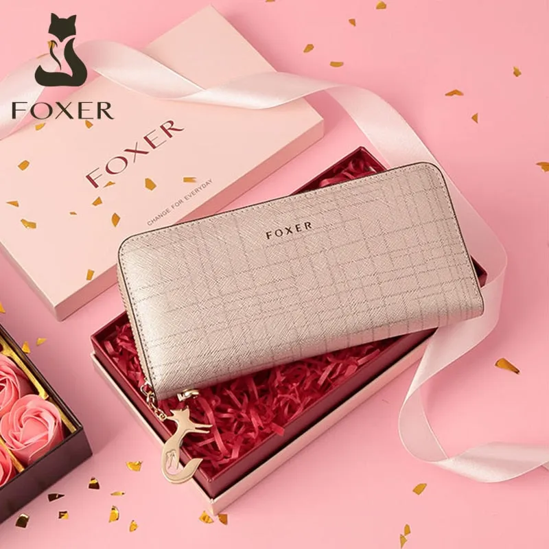 FOXER Women Cow Leather Long Wallet Valentine's Day Gift Fashion Lady Wristband Clutch Purse Cellphone bag Female Card Holder