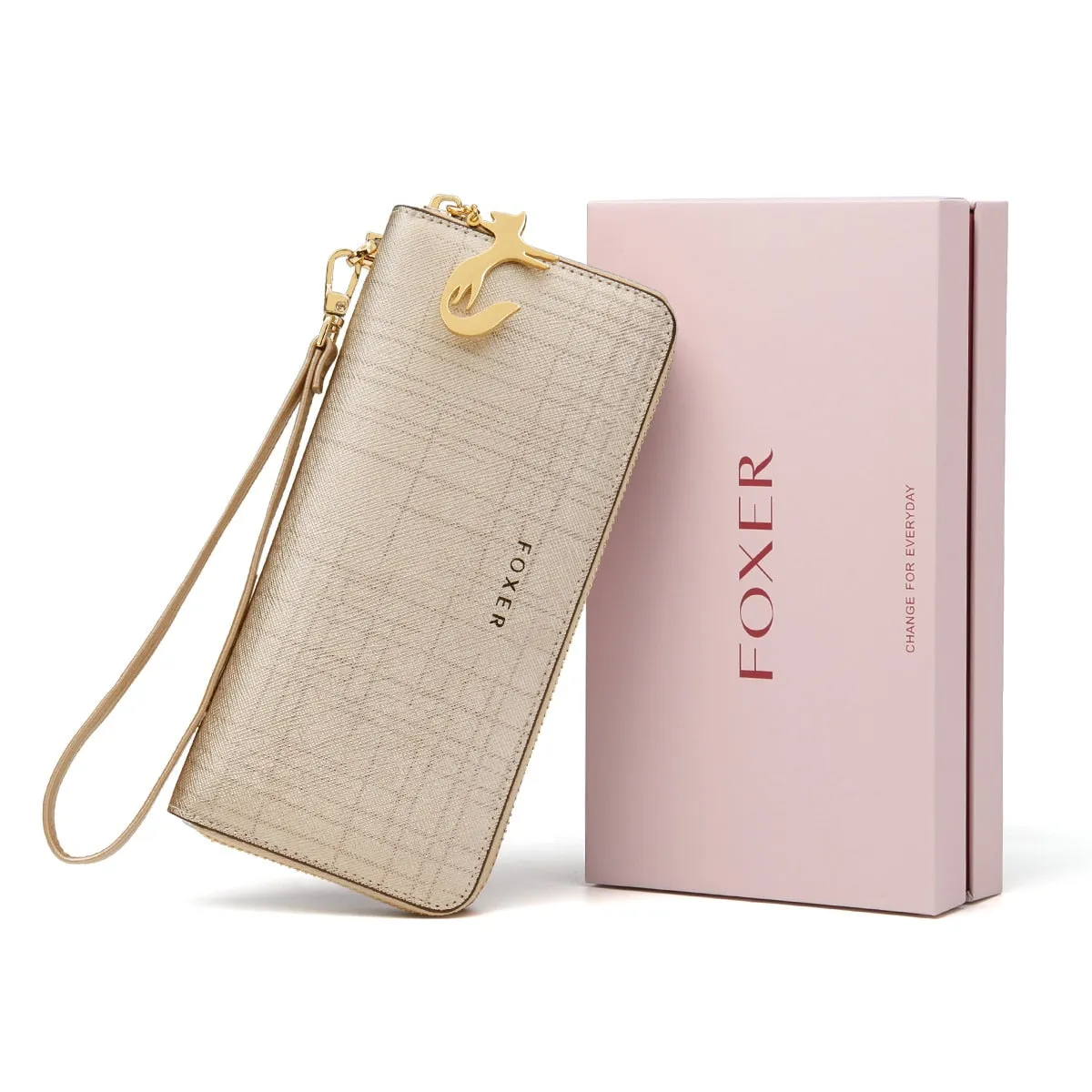 FOXER Women Cow Leather Long Wallet Valentine's Day Gift Fashion Lady Wristband Clutch Purse Cellphone bag Female Card Holder