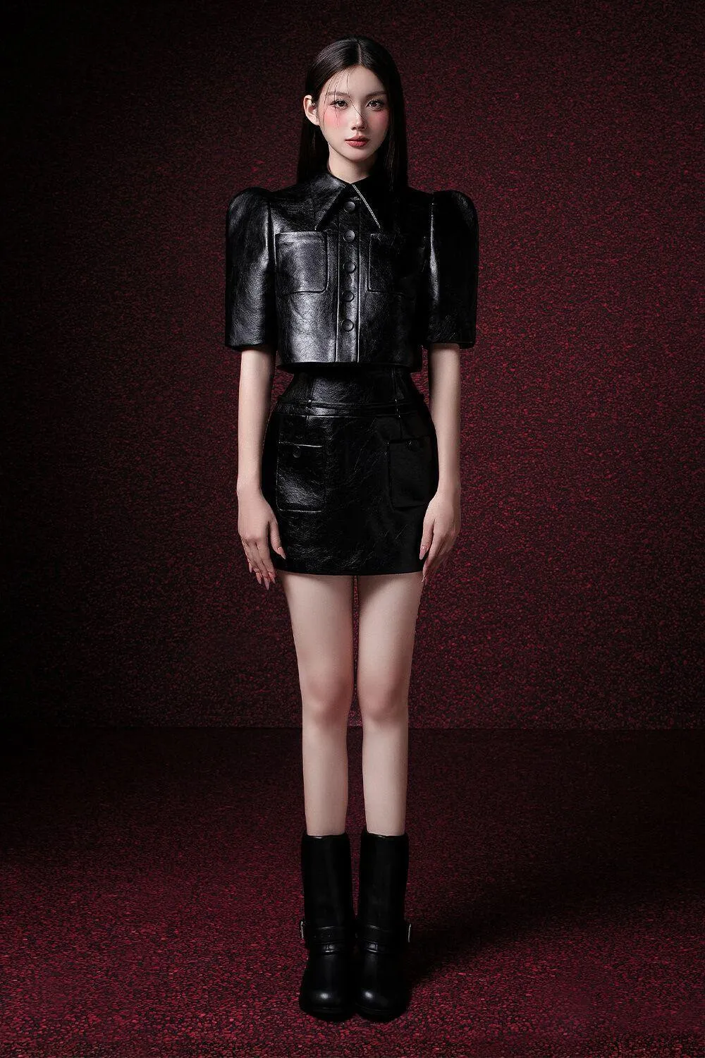 Garneta Drop Waist Patch Pocket Leather Mini Skirt
