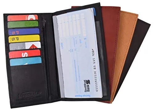 Genuine Leather Checkbook Cover Register Holder Slim Wallet for Men & Women