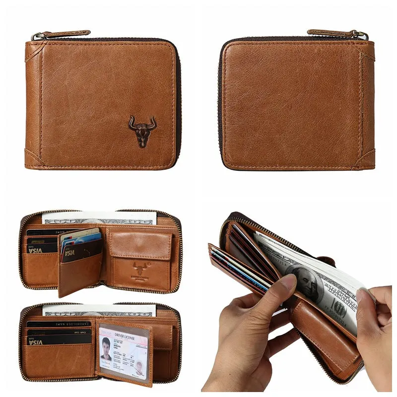 GWA024 - Ming Clan Orange Zipper Cowhide Leather Wallet