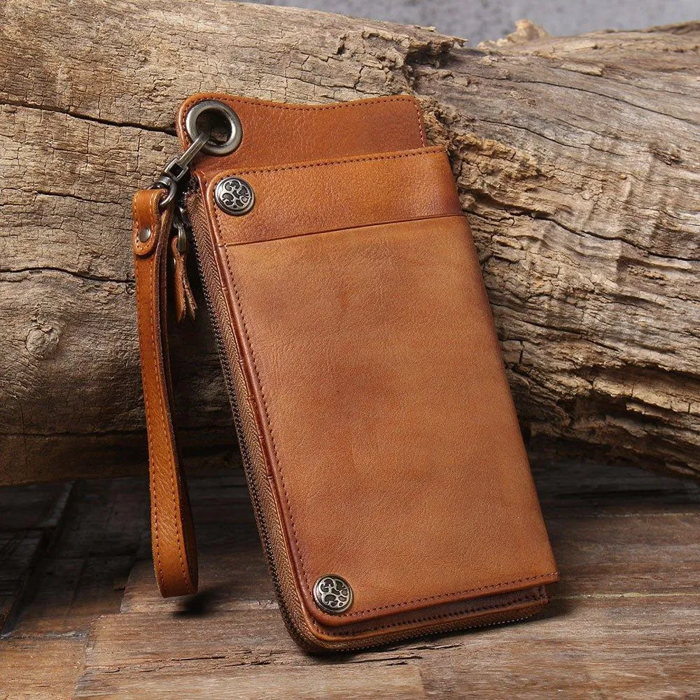 Handmade Leather Long Wallet with Chain Trifold Purse Anniversary Gift For Women Large Capcity Multi Cards Money Clips