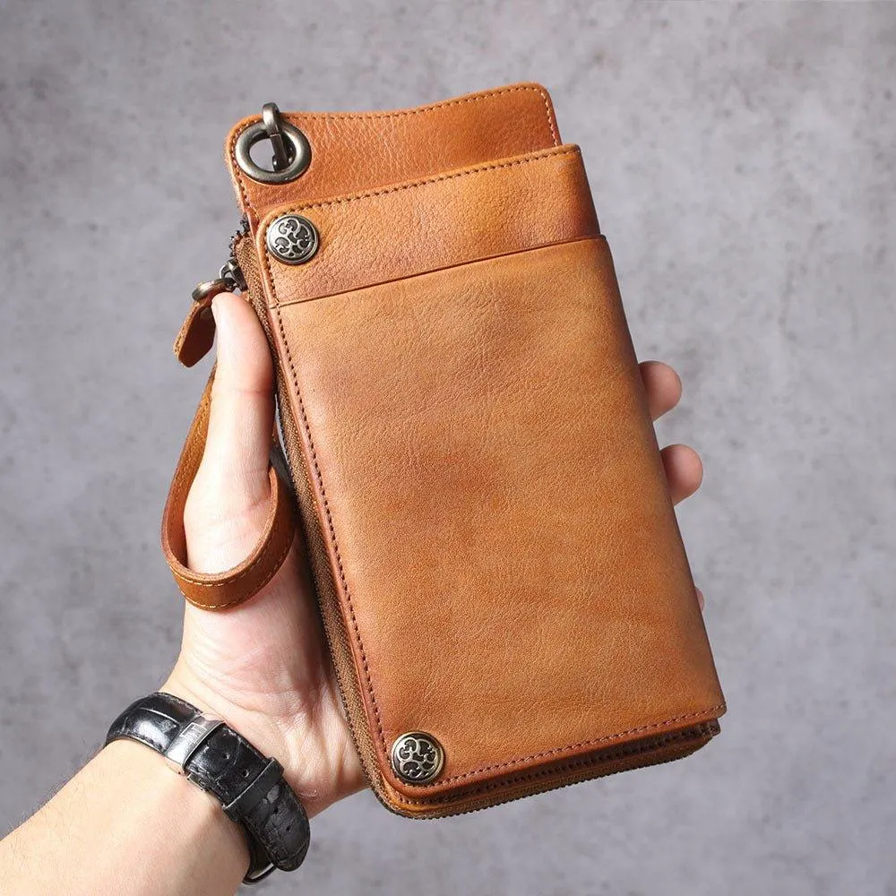 Handmade Leather Long Wallet with Chain Trifold Purse Anniversary Gift For Women Large Capcity Multi Cards Money Clips