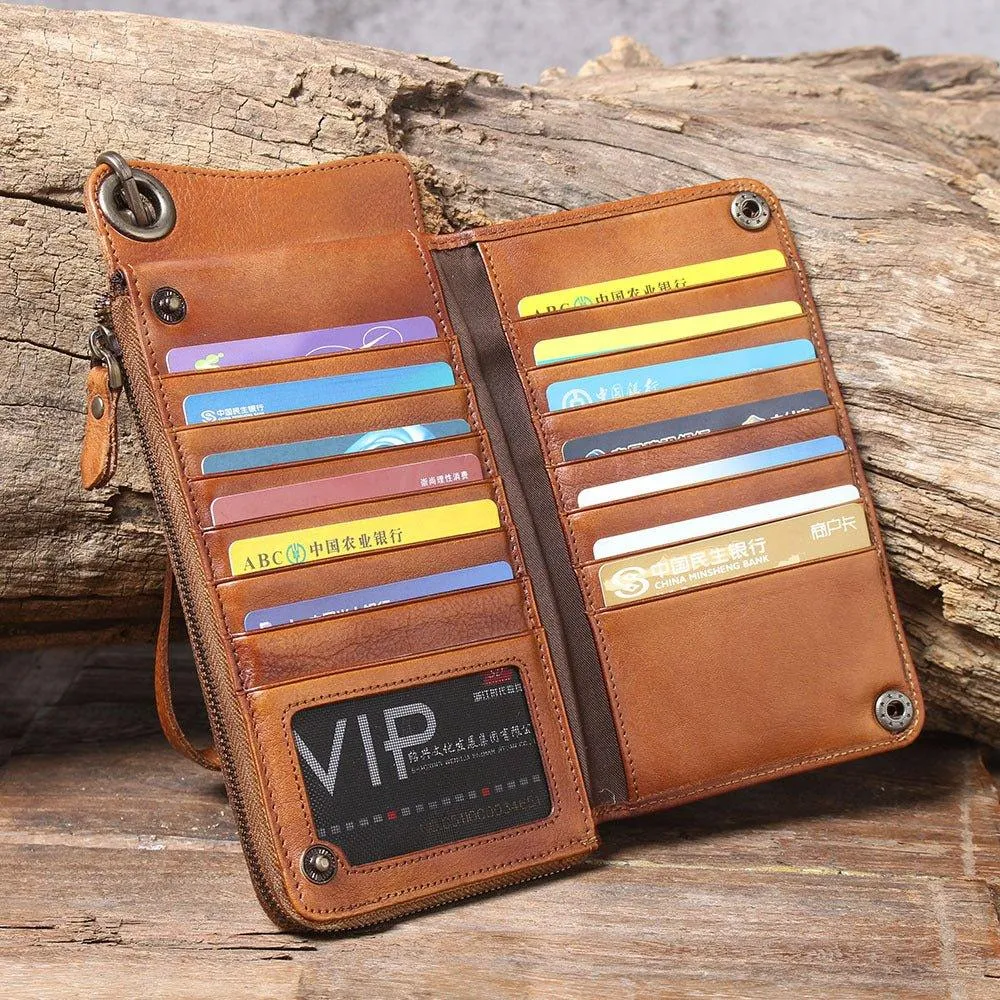 Handmade Leather Long Wallet with Chain Trifold Purse Anniversary Gift For Women Large Capcity Multi Cards Money Clips
