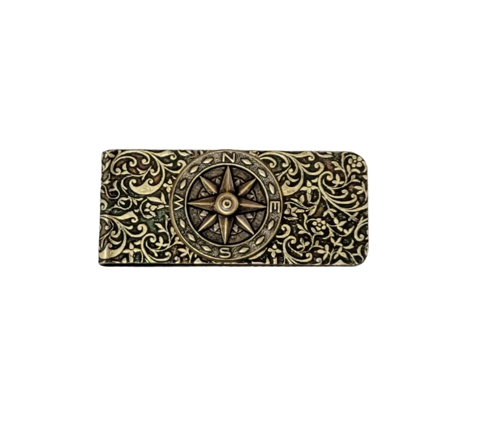 Handmade Oxidized Brass Embossed Compass Money Clip