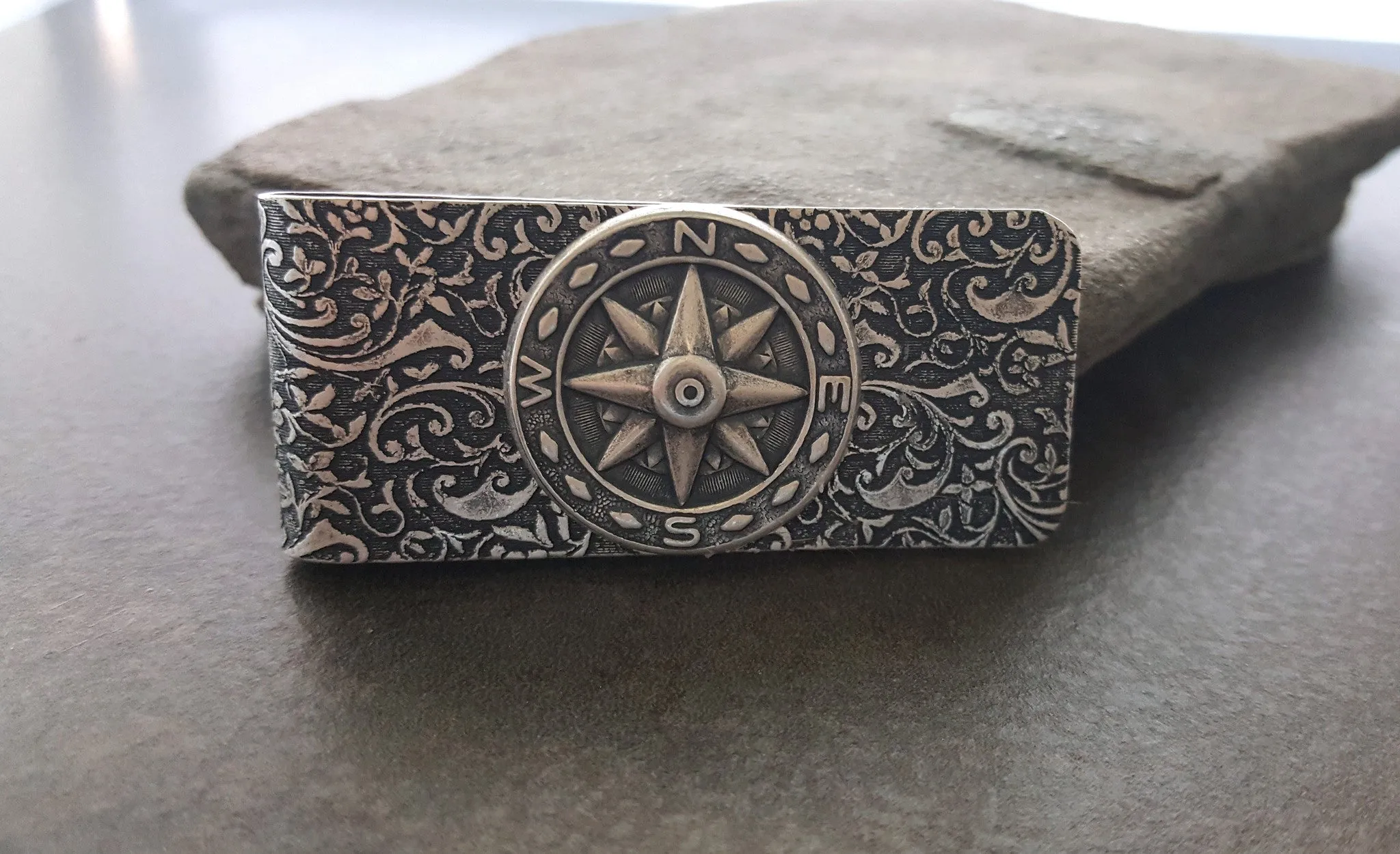 Handmade Oxidized Silver Embossed Brass Compass Money Clip