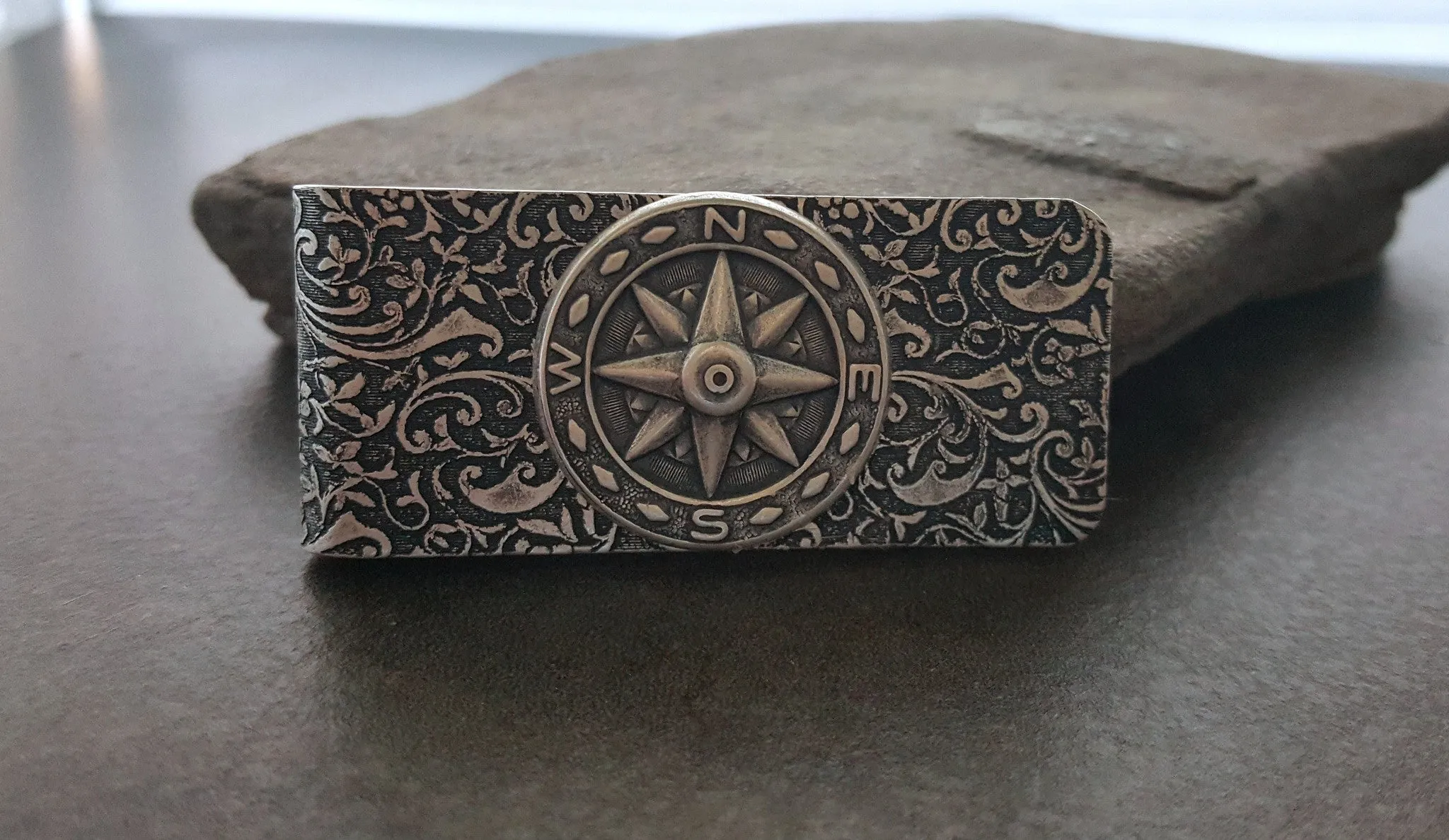 Handmade Oxidized Silver Embossed Brass Compass Money Clip
