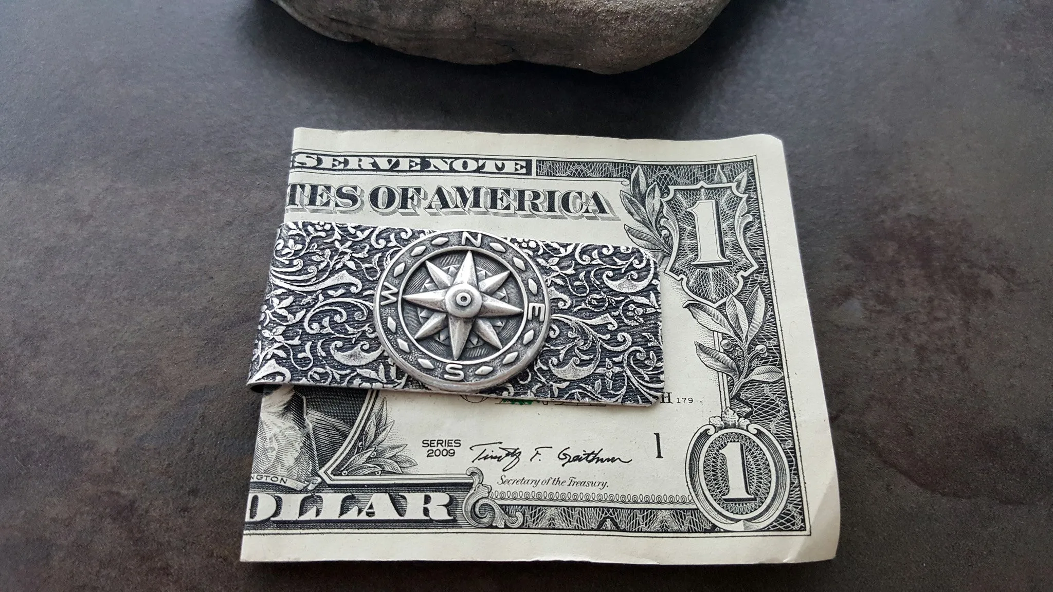 Handmade Oxidized Silver Embossed Brass Compass Money Clip