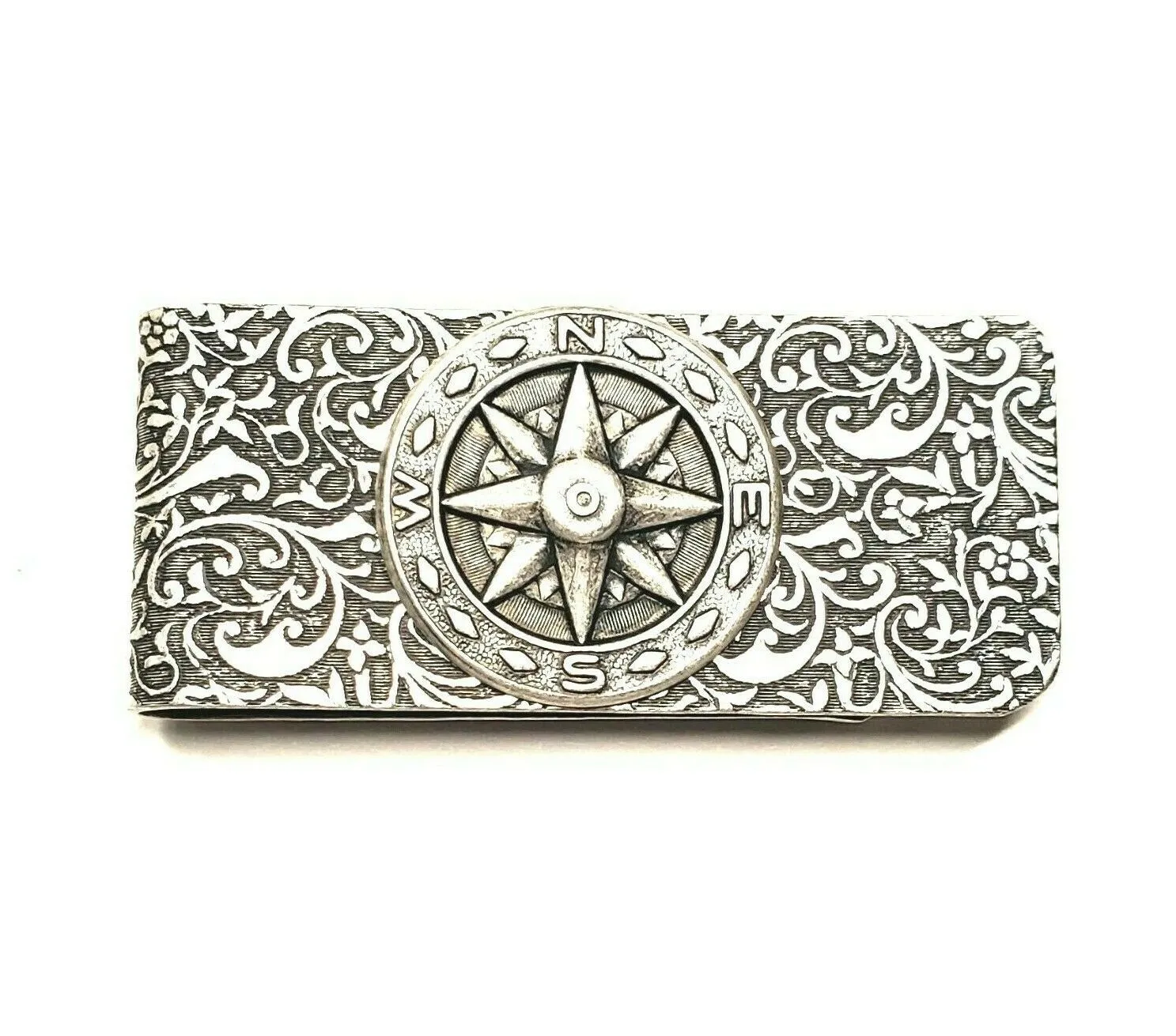 Handmade Oxidized Silver Embossed Brass Compass Money Clip