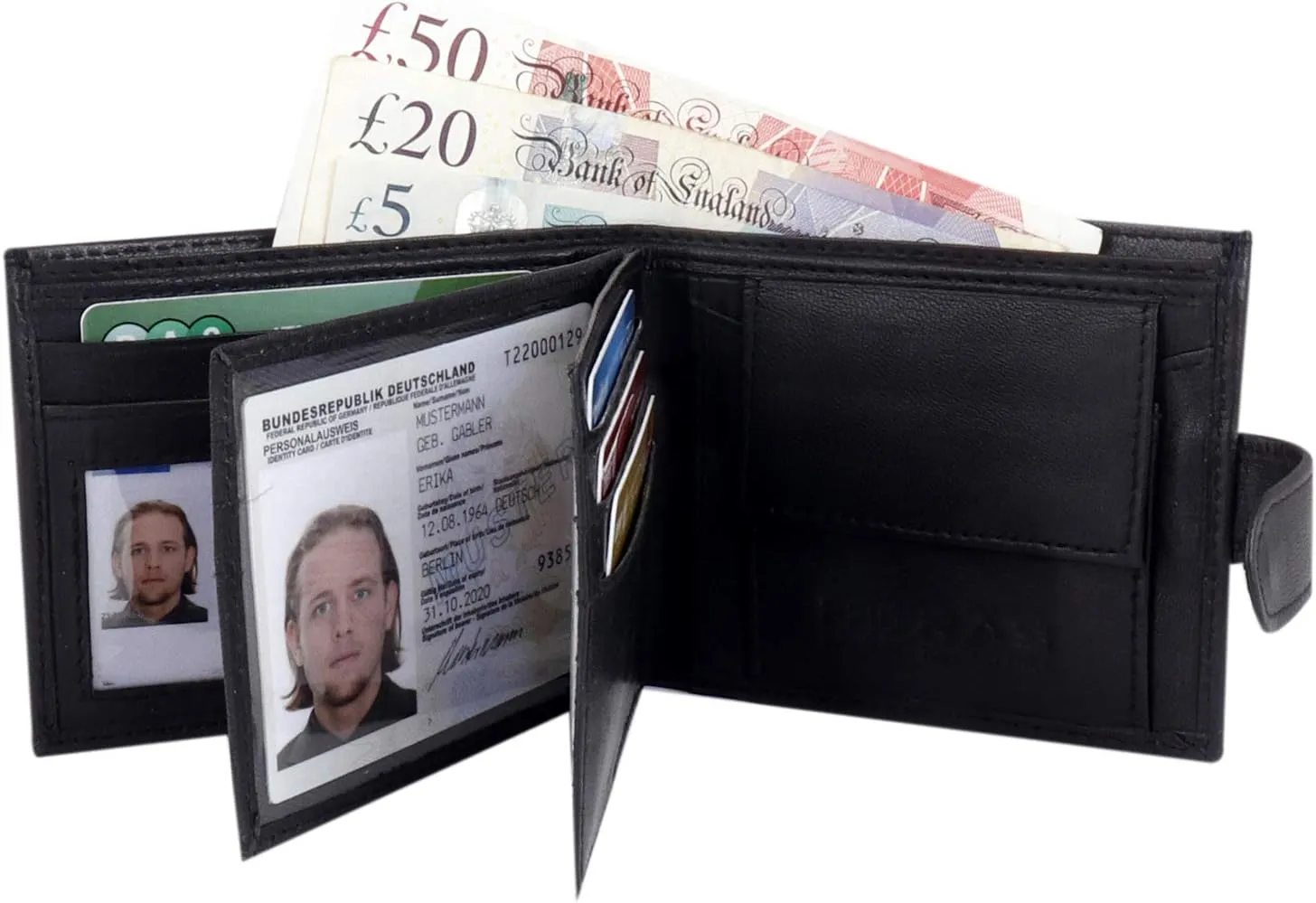 Mens Bifold Black Genuine Leather Wallet with Multiple Card Slots, ID Windows & Coin Pocket