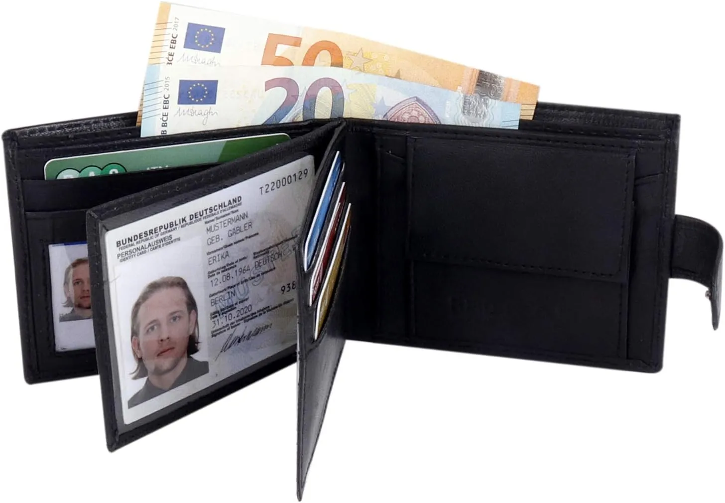 Mens Bifold Black Genuine Leather Wallet with Multiple Card Slots, ID Windows & Coin Pocket