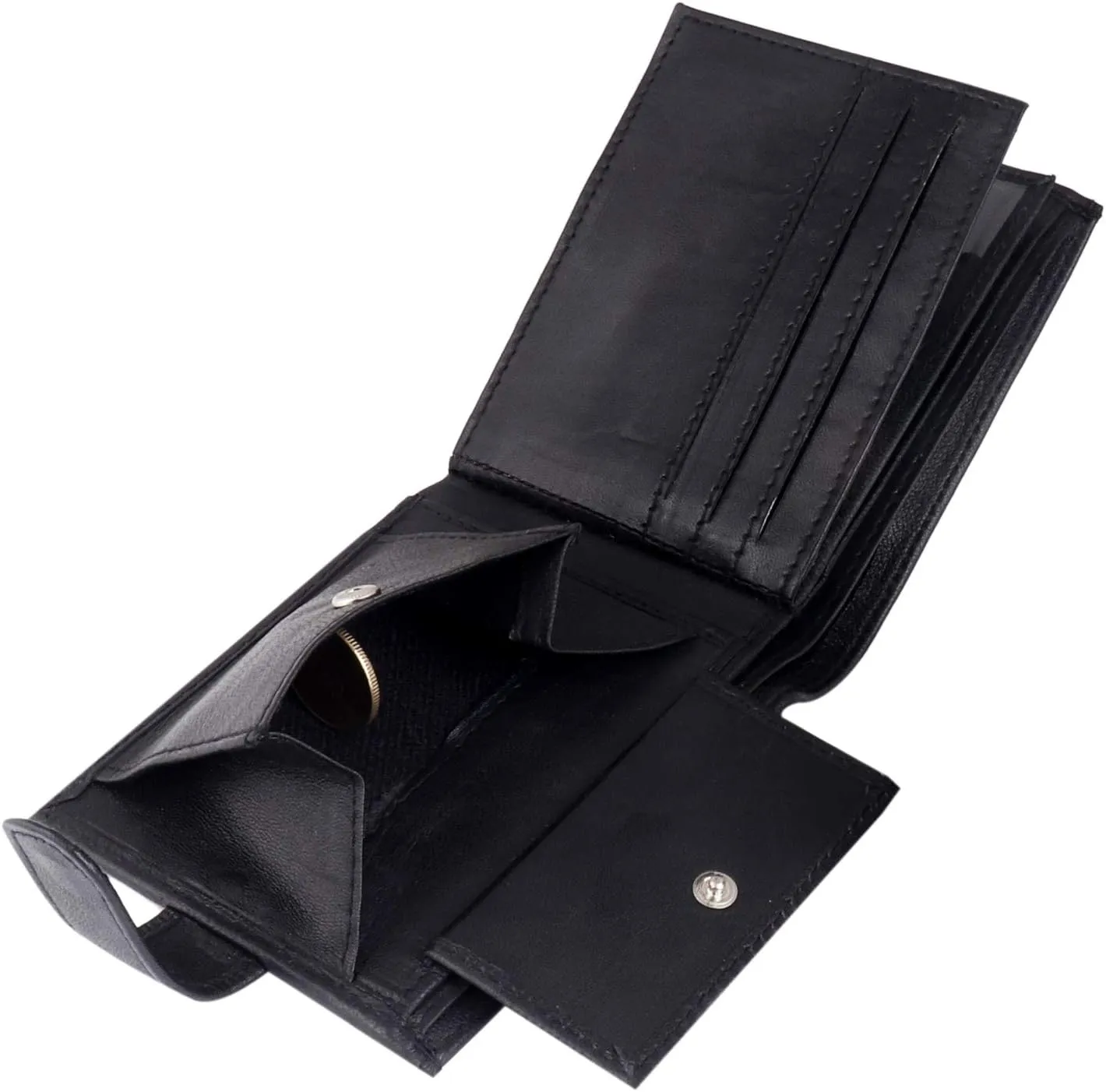 Mens Bifold Black Genuine Leather Wallet with Multiple Card Slots, ID Windows & Coin Pocket
