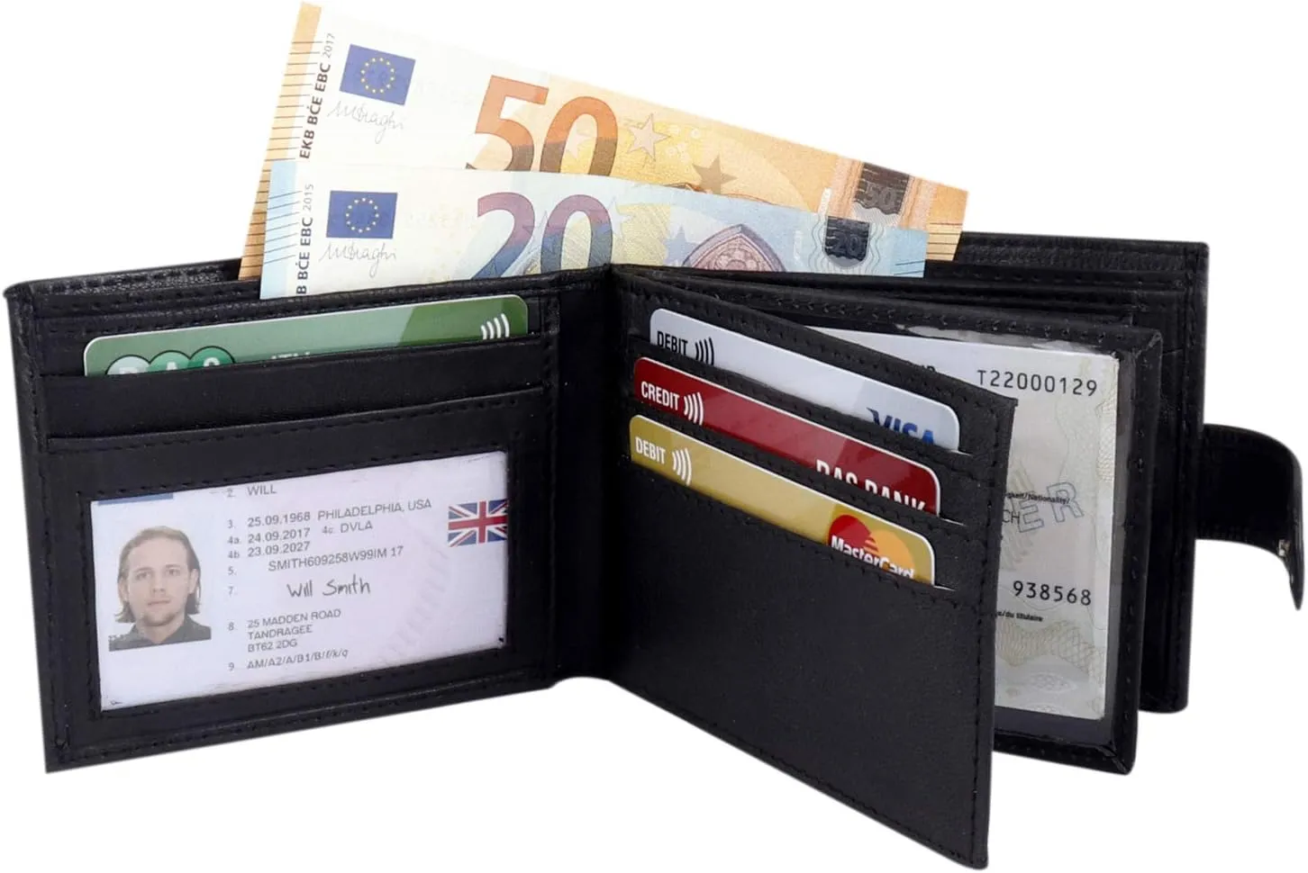 Mens Bifold Black Genuine Leather Wallet with Multiple Card Slots, ID Windows & Coin Pocket