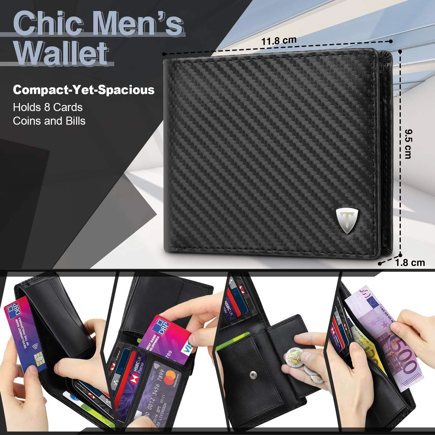 Mens Leather Wallet with RFID Blocking and Coin Pocket, 8 Card Slots