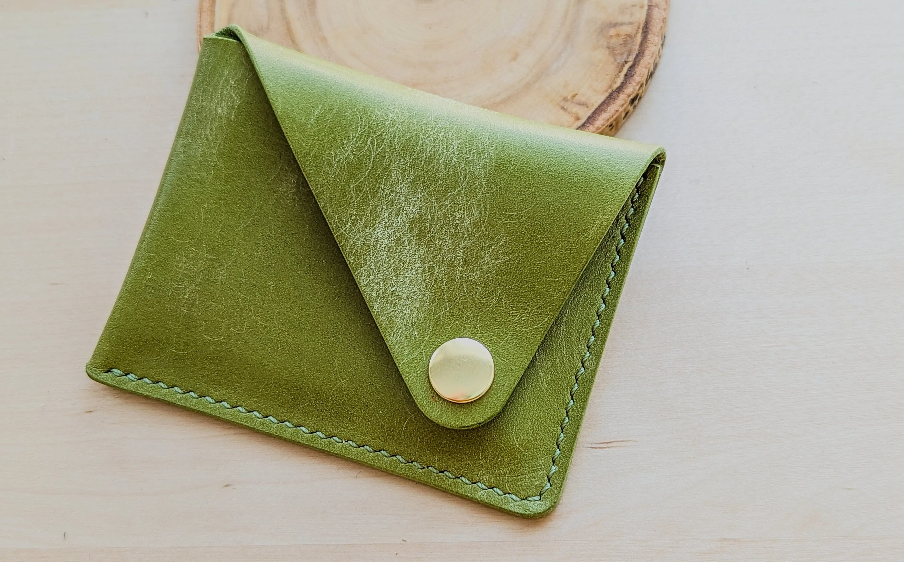 Pistachio Green Italian Leather Asymmetrical Minimalist Snap Wallet