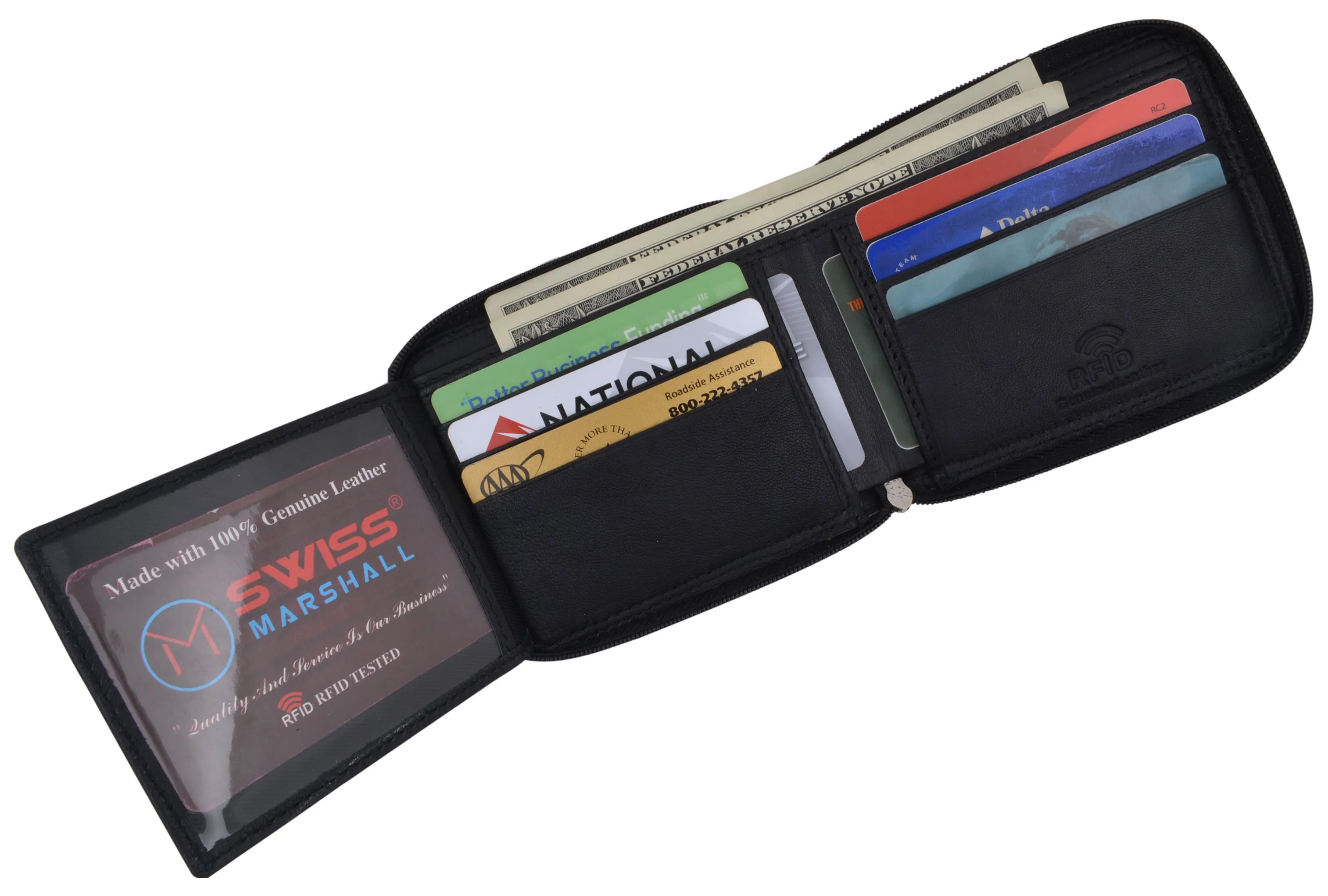 RFID Blocking Mens Zipper Trifold Real Leather Wallet