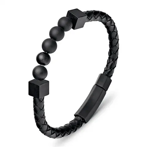 Stainless Steel Braided Leather and Stone Beaded Bracelet