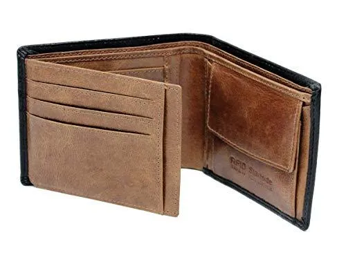Starhide Mens Leather RFID Blocking Trifold Passcase Wallet Black Tan 1190