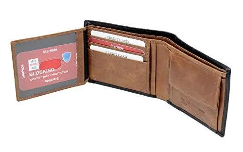Starhide Mens Leather RFID Blocking Trifold Passcase Wallet Black Tan 1190