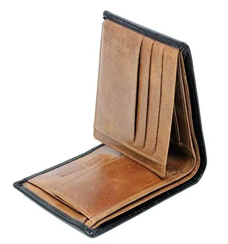 Starhide Mens Leather RFID Blocking Trifold Passcase Wallet Black Tan 1190